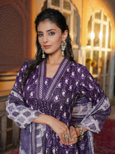 Women Purple Rayon Blend Batik Printed Straight Kurta Palazzos With Dupatta-VKSKD2370